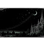 Moonlit gothic cathedral desk mat with fine pale spires, a crescent moon and an ornate thorn border on black