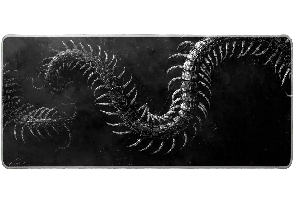 Gothic Centipede desk mat product view highlighting engraved white centipedes twisting across distressed black