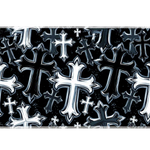 Complete black and white gothic cross pattern artwork printed across a large keyboard and mouse mat