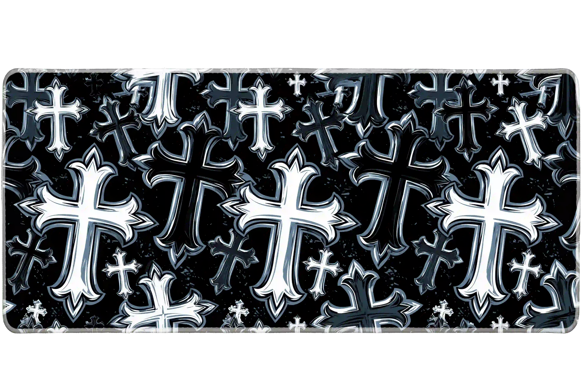 Complete black and white gothic cross pattern artwork printed across a large keyboard and mouse mat