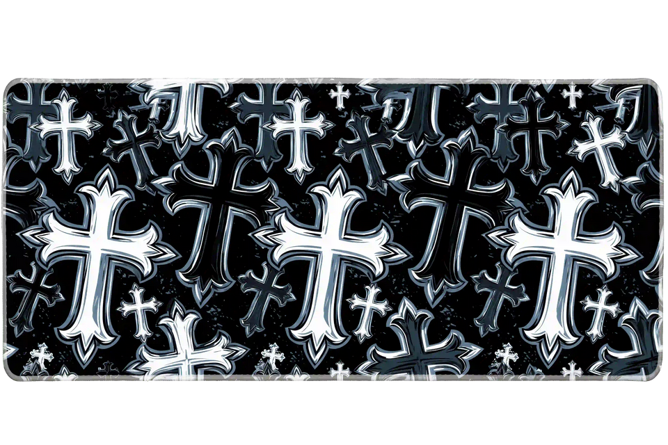 Complete black and white gothic cross pattern artwork printed across a large keyboard and mouse mat