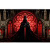 Overhead Gothic Knight Cathedral desk mat view with a hooded knight, glowing sword and crimson cathedral window