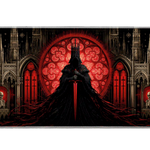Overhead Gothic Knight Cathedral desk mat view with a hooded knight, glowing sword and crimson cathedral window