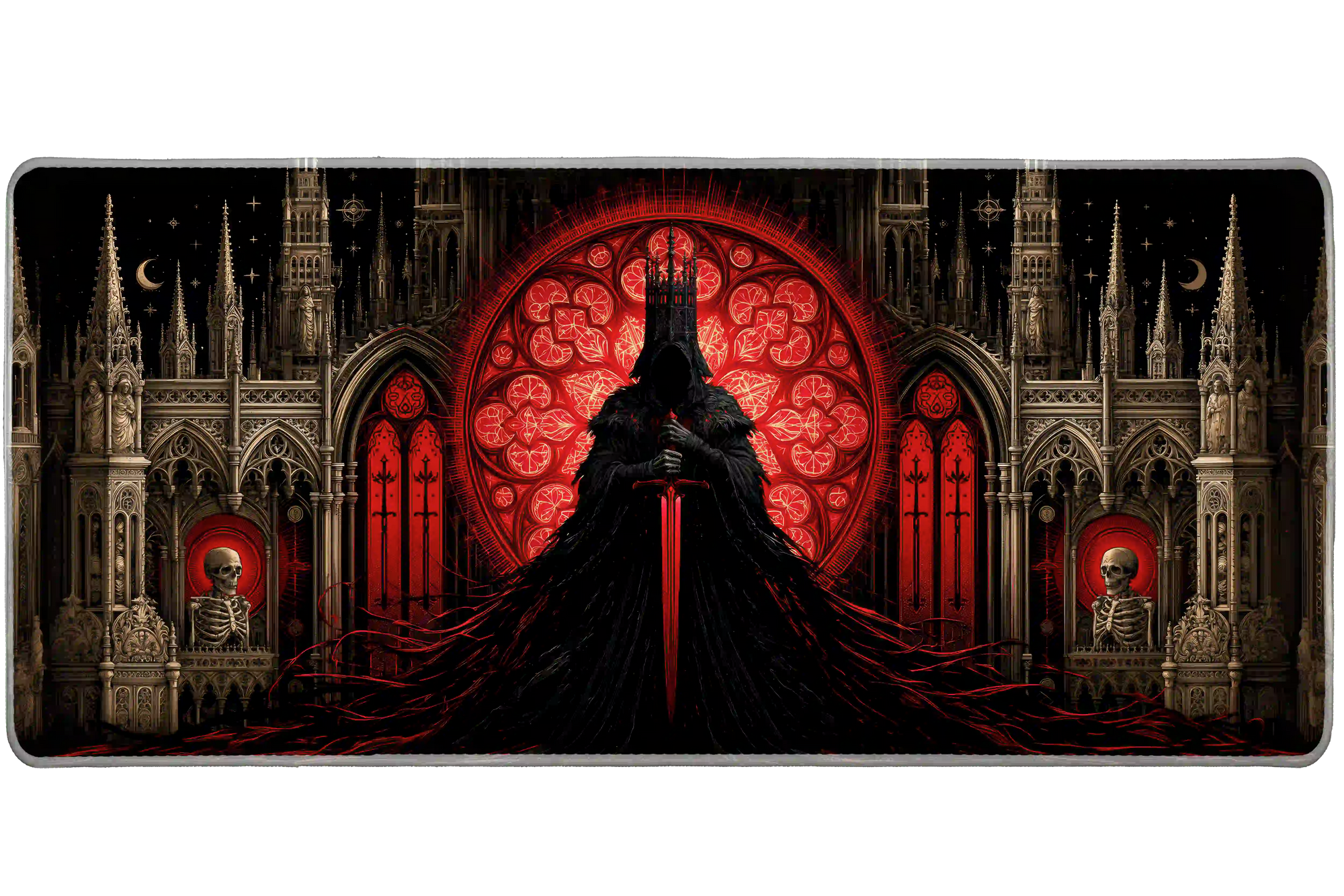 Overhead Gothic Knight Cathedral desk mat view with a hooded knight, glowing sword and crimson cathedral window