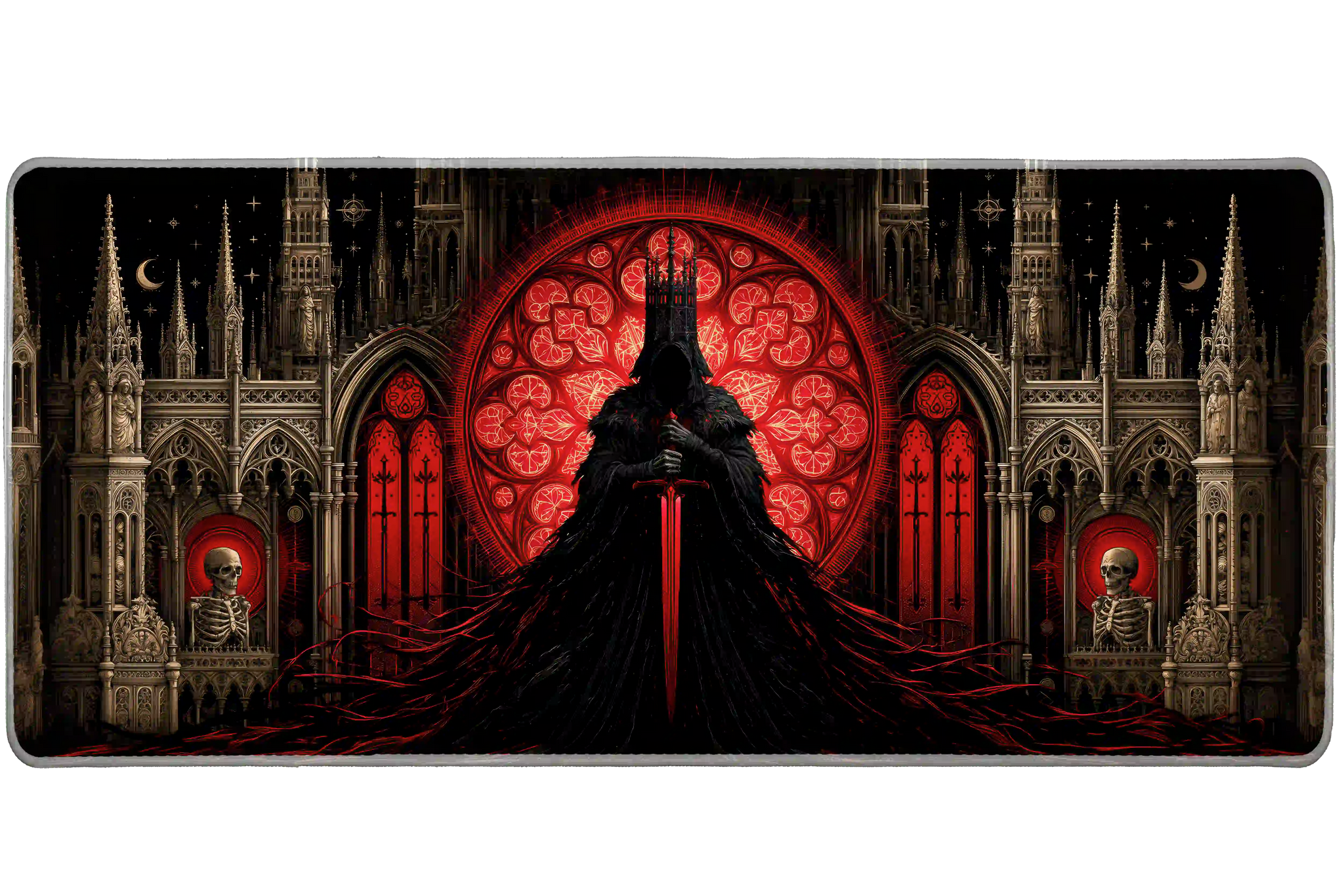 Overhead Gothic Knight Cathedral desk mat view with a hooded knight, glowing sword and crimson cathedral window