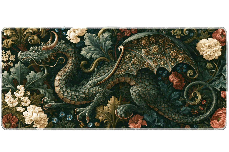 Gothic Floral Dragon desk mat artwork in a wide product view