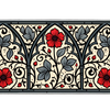 Gothic floral desk mat with three pointed arches, red flowers, slate leaves and black vines on cream