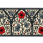 Gothic floral desk mat with three pointed arches, red flowers, slate leaves and black vines on cream