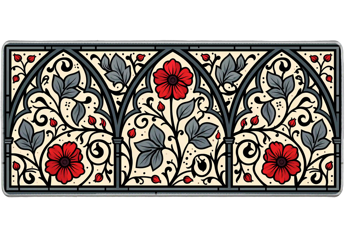 Gothic floral desk mat with three pointed arches, red flowers, slate leaves and black vines on cream