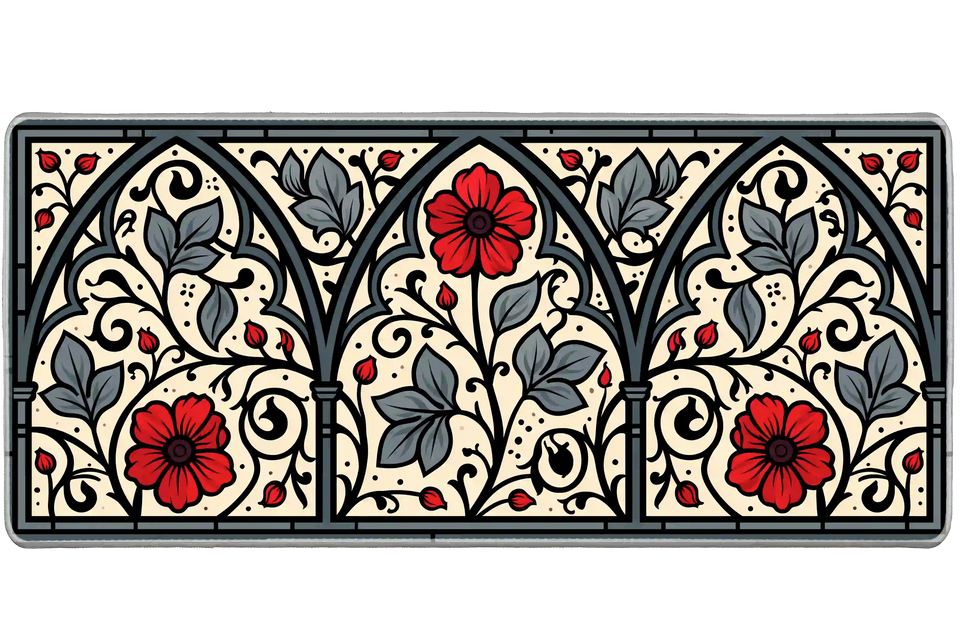 Gothic floral desk mat with three pointed arches, red flowers, slate leaves and black vines on cream