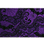 Purple and black gothic desk mat with bat silhouettes, roses, spiderwebs and ornate printed lace scrollwork