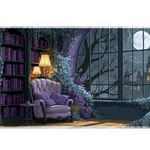 Moonlit Gothic Library Desk Mat | Purple Chair artwork on an extended desk mat with moonlit gothic library design