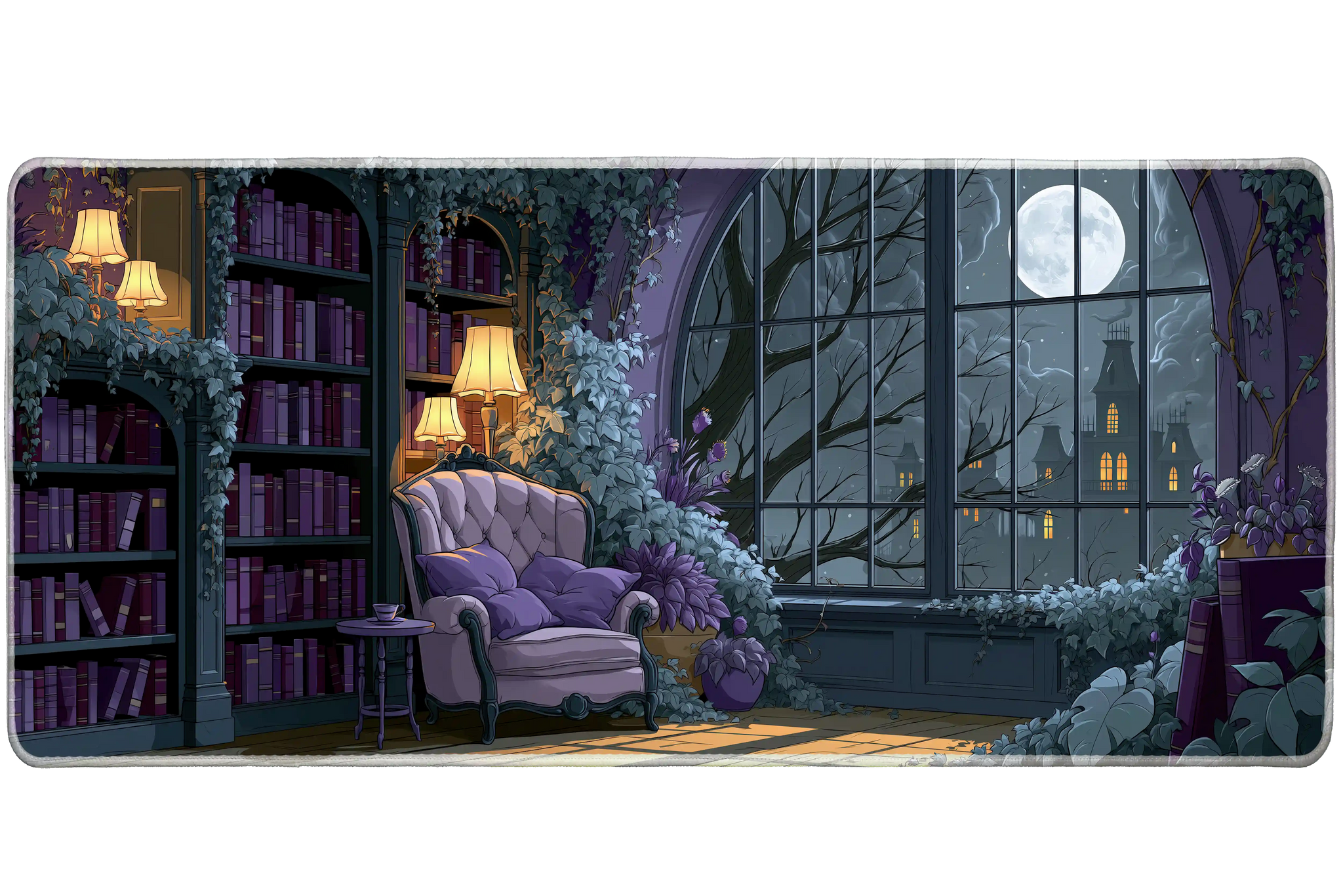 Moonlit Gothic Library Desk Mat | Purple Chair artwork on an extended desk mat with moonlit gothic library design
