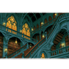 Gothic Library Stairs Desk Mat | Stained Glass artwork on an extended desk mat with gothic library stairs design