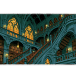 Gothic Library Stairs Desk Mat | Stained Glass artwork on an extended desk mat with gothic library stairs design