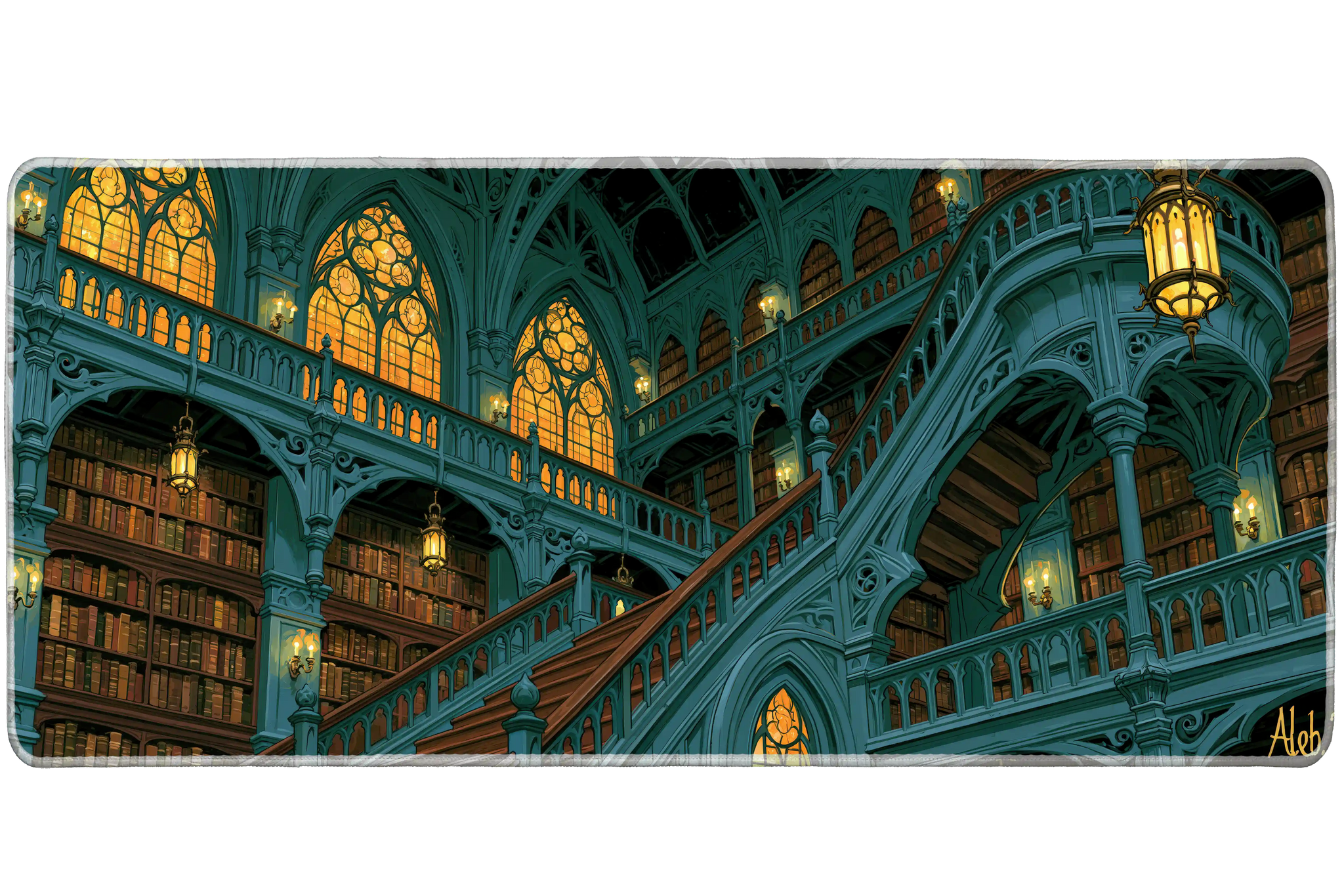 Gothic Library Stairs Desk Mat | Stained Glass artwork on an extended desk mat with gothic library stairs design