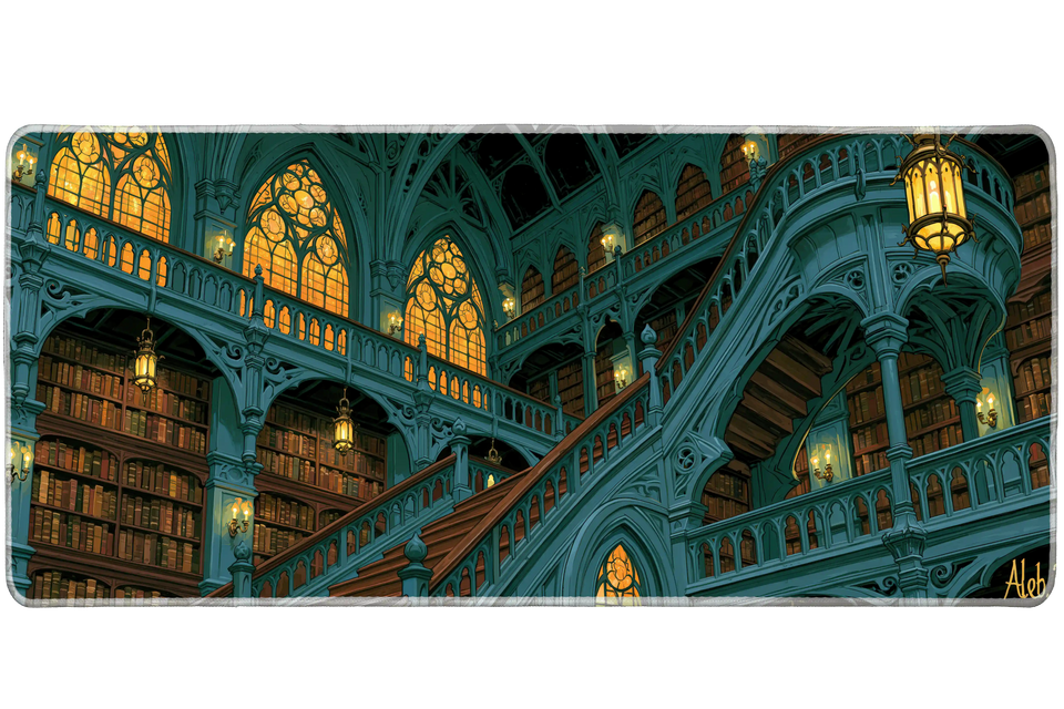 Gothic Library Stairs – Stained Glass desk mat and mouse pad by PrintMyPad