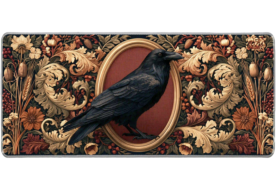 Gothic Raven Portrait desk mat artwork in a wide product view