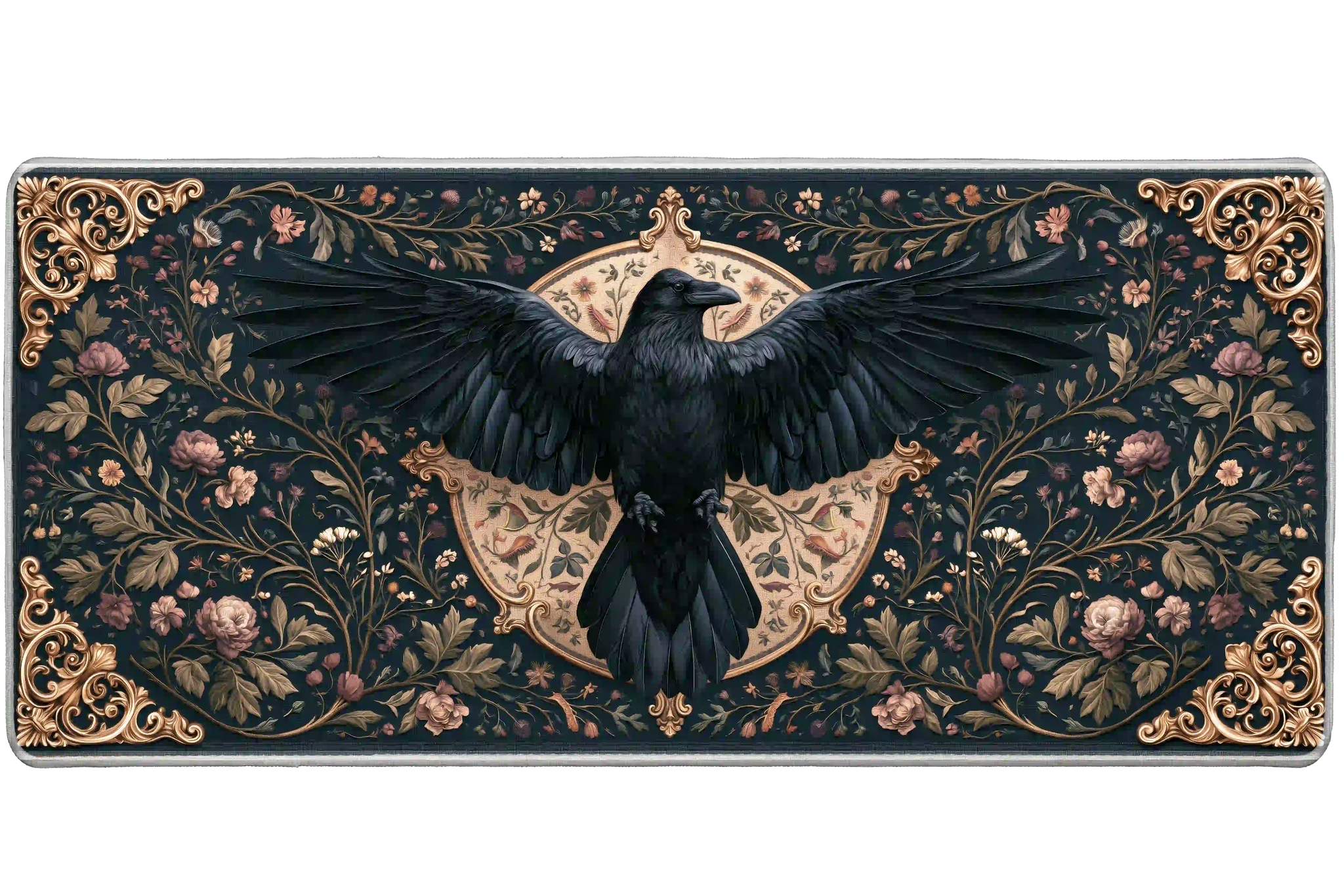 Gothic Raven Floral desk mat artwork in a wide product view