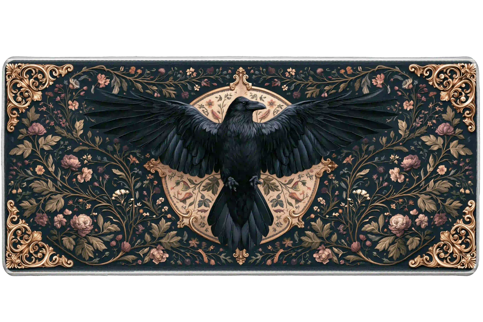 Gothic Raven Floral desk mat artwork in a wide product view