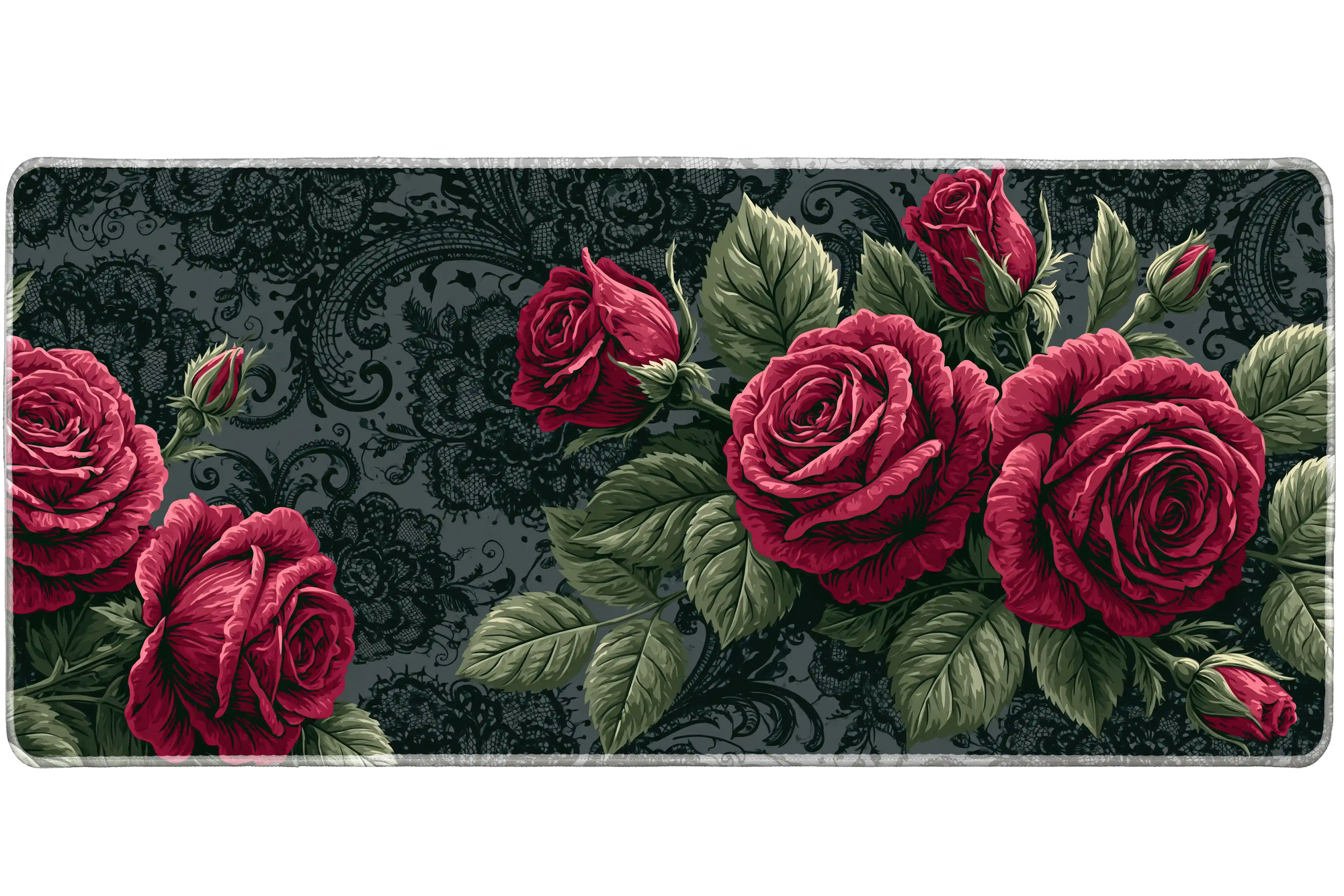 Dark Red Rose Gothic Lace desk mat with deep red roses, vintage lace details, and a dark