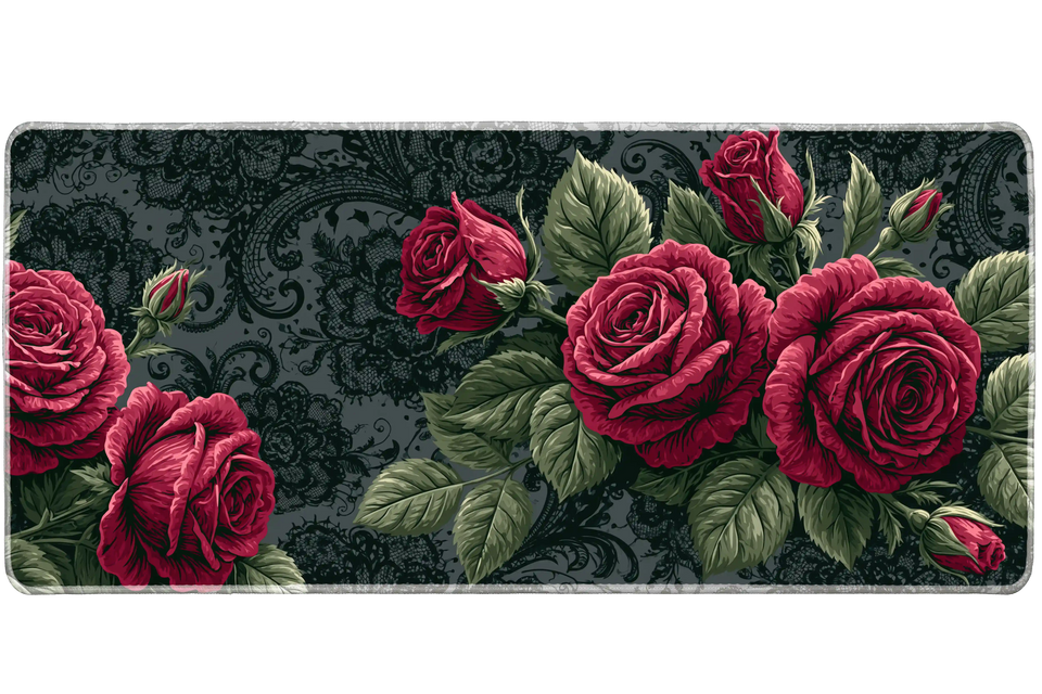 Dark Red Rose Gothic Lace desk mat with deep red roses, vintage lace details, and a dark