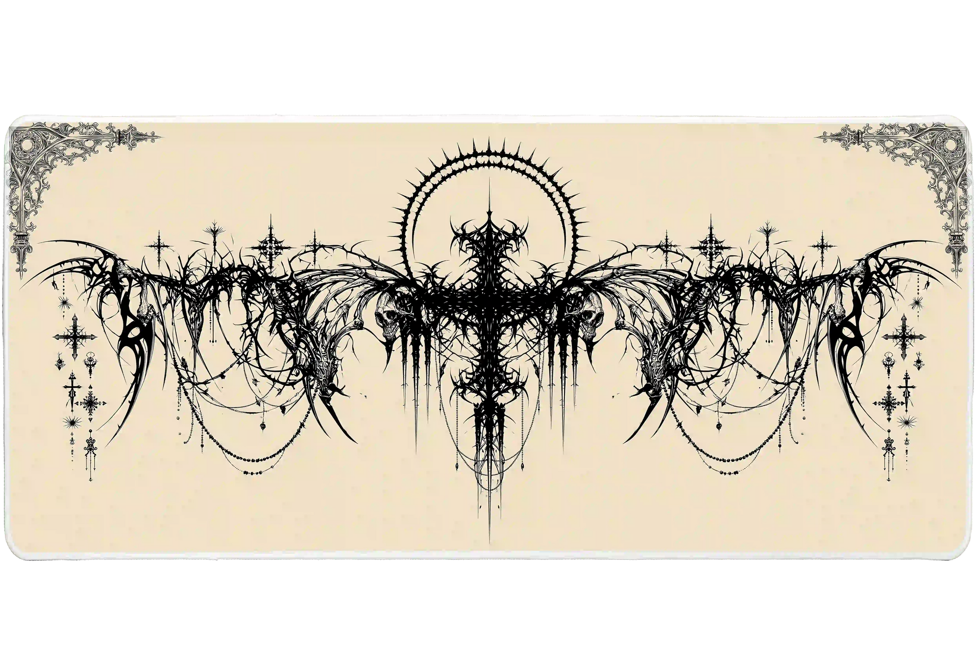 Extended mouse pad featuring the full gothic cyber sigil skull black and cream design for work or gaming