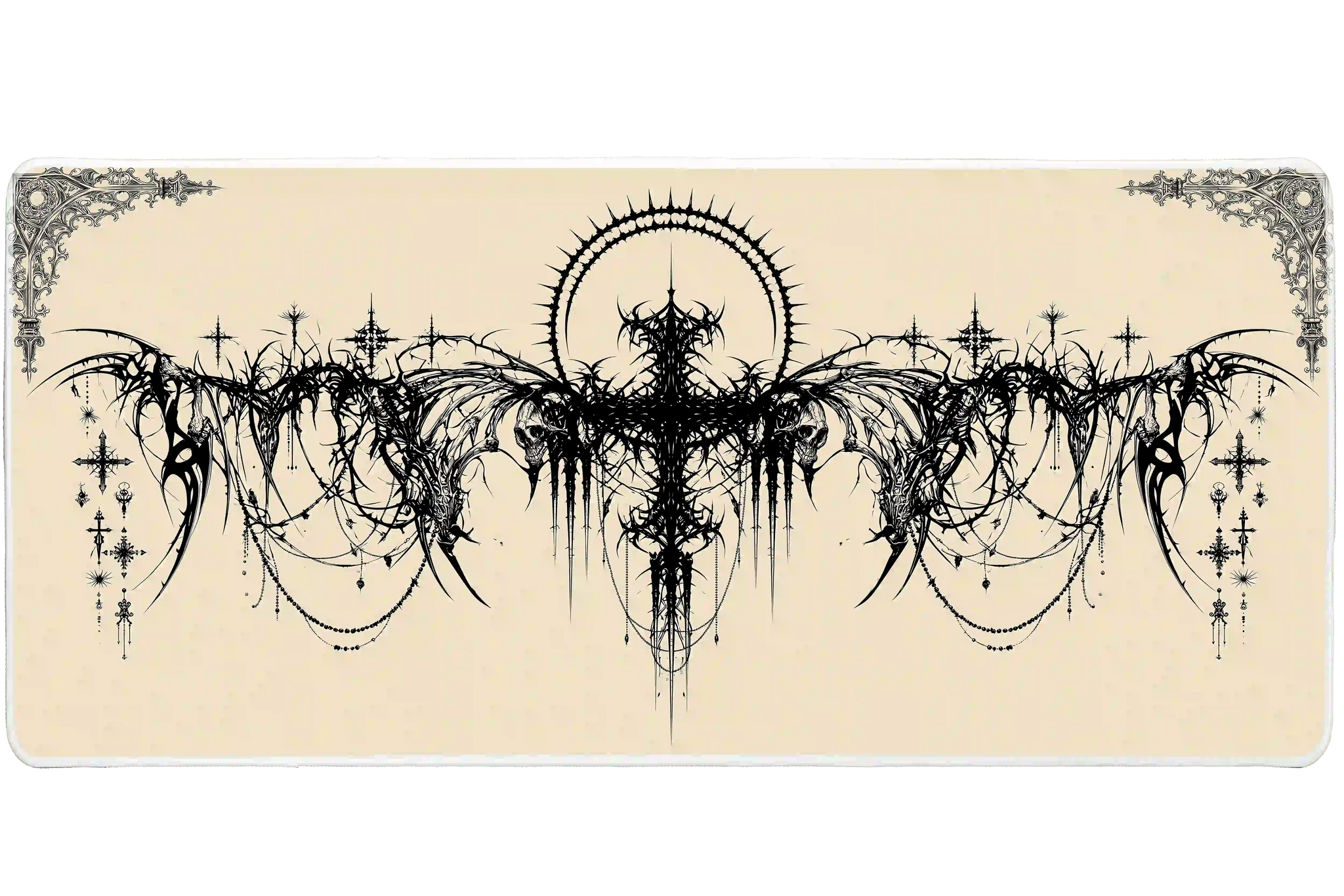 Extended mouse pad featuring the full gothic cyber sigil skull black and cream design for work or gaming