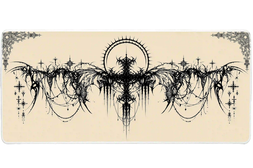 Extended mouse pad featuring the full gothic cyber sigil skull black and cream design for work or gaming