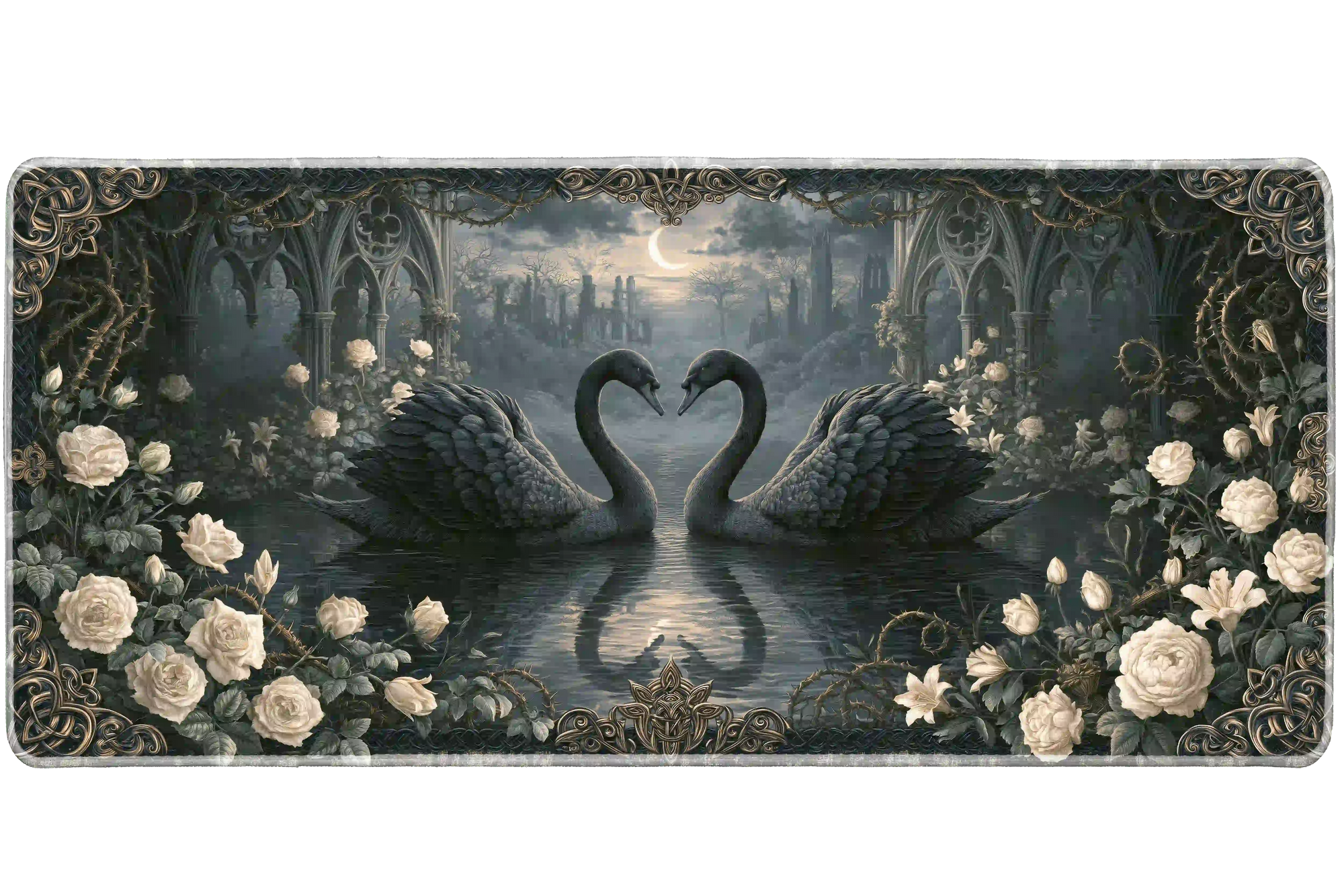 Gothic Swan desk mat artwork in a wide product view