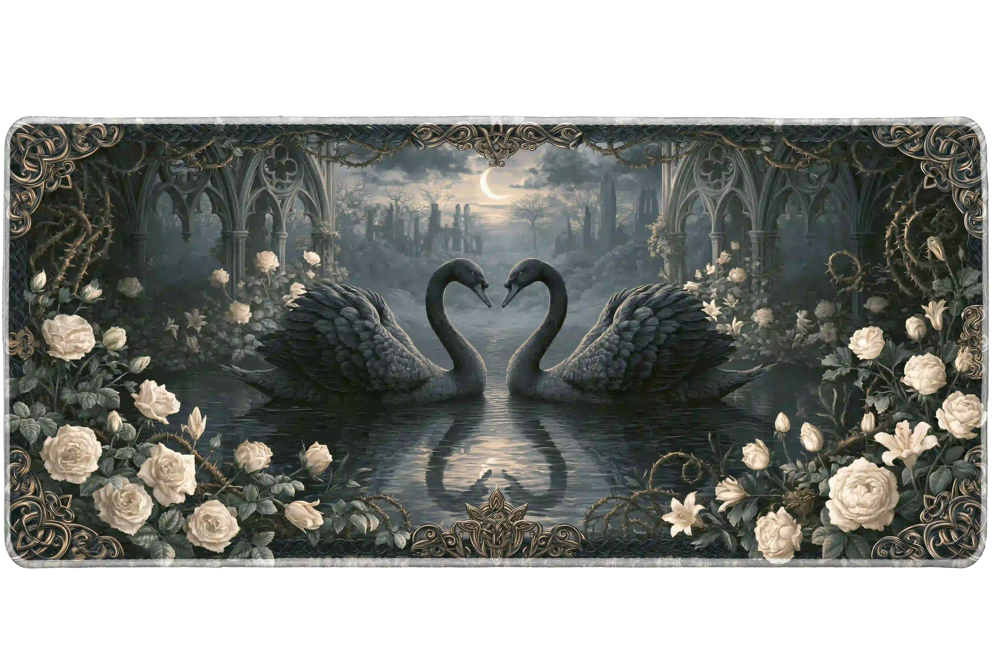 Gothic Swan desk mat artwork in a wide product view