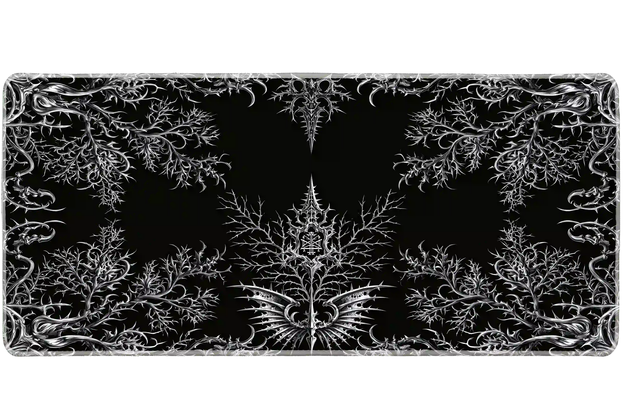 Complete gothic thorn sigil black and silver artwork printed across a large keyboard and mouse mat