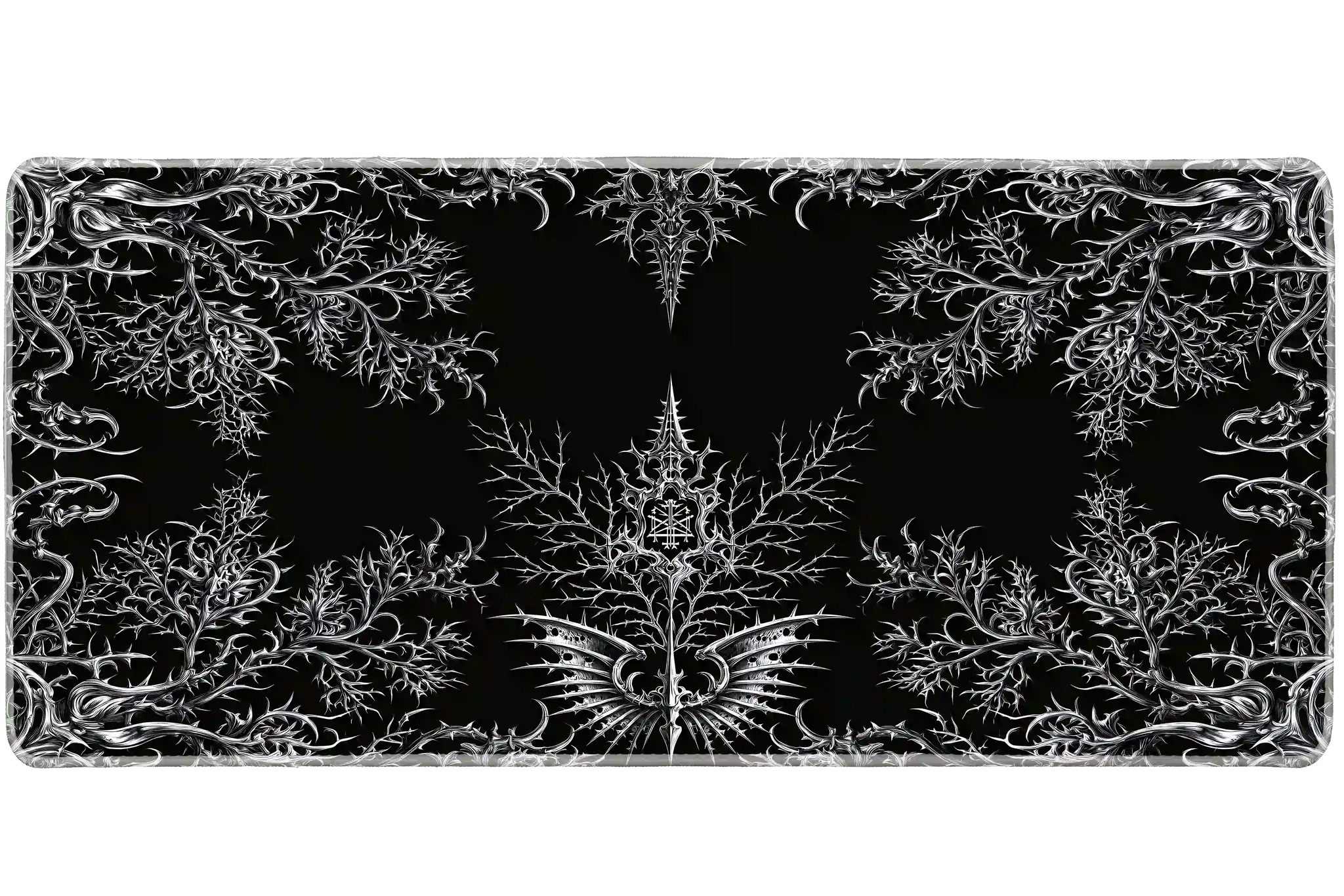 Complete gothic thorn sigil black and silver artwork printed across a large keyboard and mouse mat
