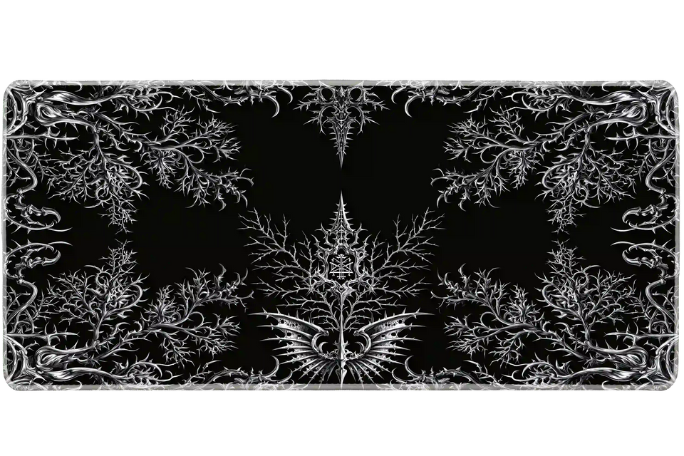 Complete gothic thorn sigil black and silver artwork printed across a large keyboard and mouse mat