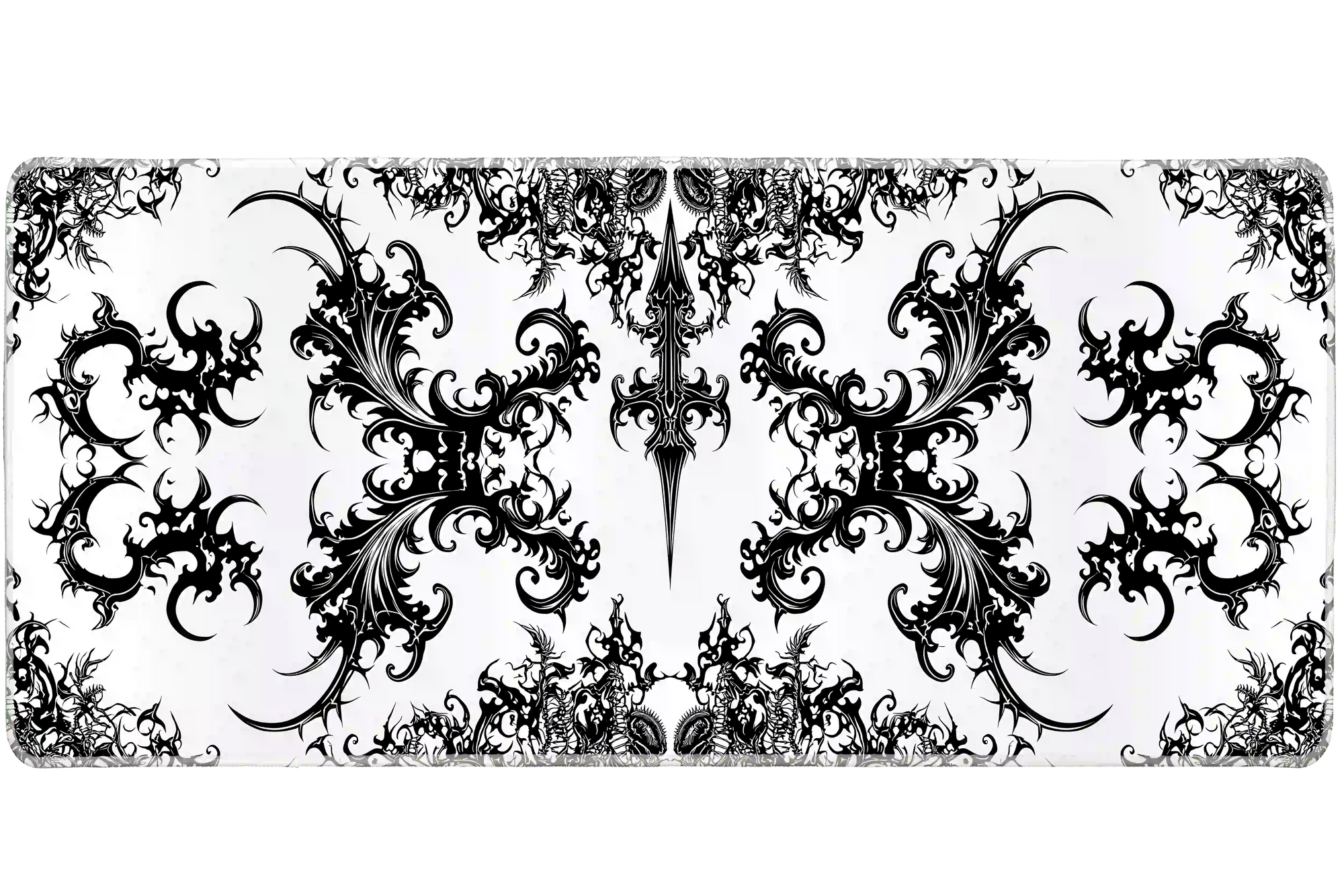Extended mouse pad featuring the full black and white gothic tribal pattern design for work or gaming