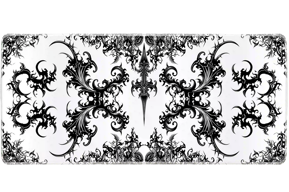 Extended mouse pad featuring the full black and white gothic tribal pattern design for work or gaming