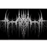 Wide black and white gothic cyber sigil desk mat displaying the complete artwork across a desktop