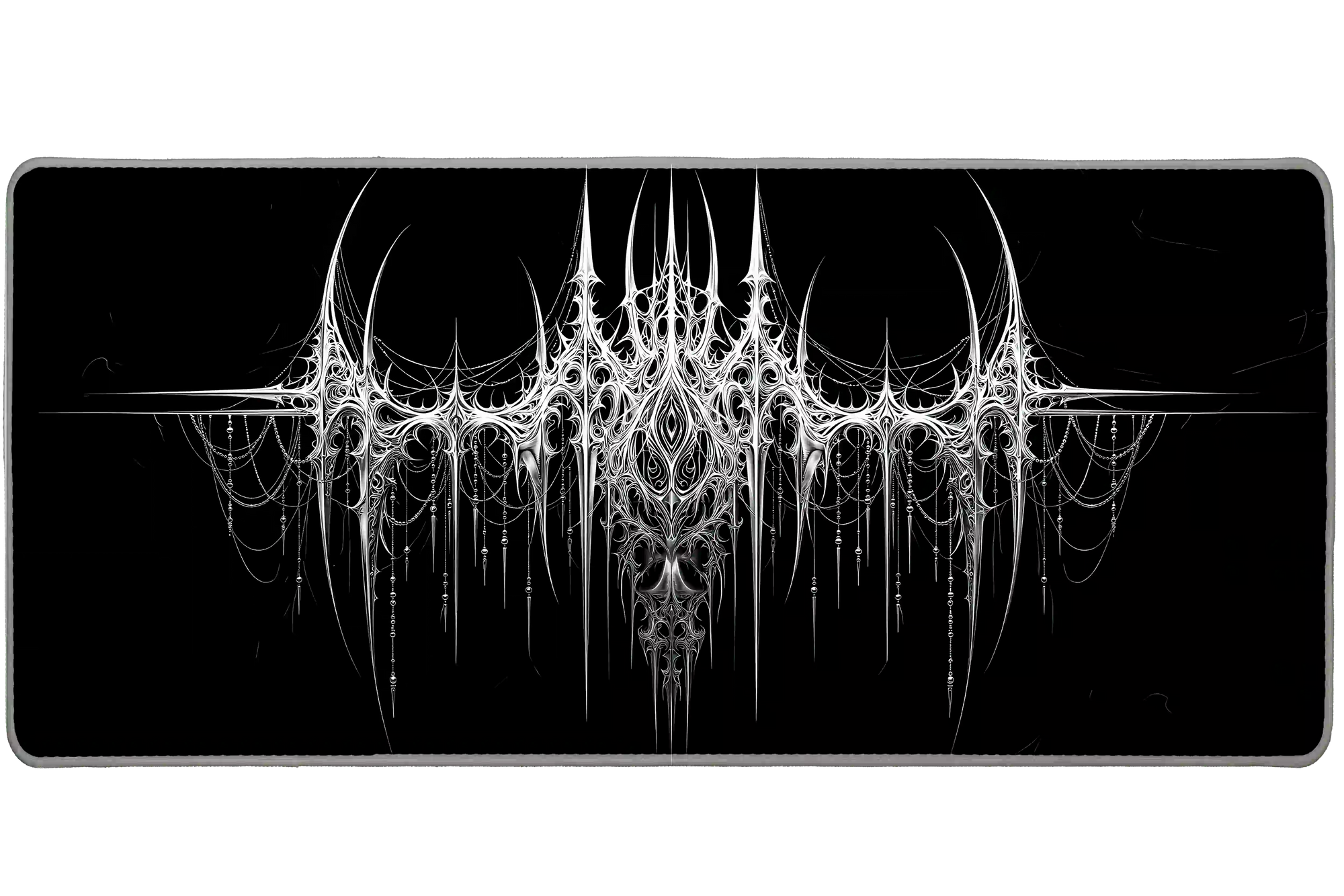 Wide black and white gothic cyber sigil desk mat displaying the complete artwork across a desktop
