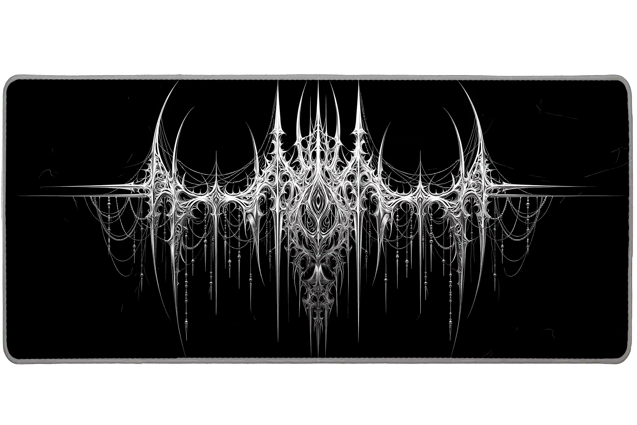 Wide black and white gothic cyber sigil desk mat displaying the complete artwork across a desktop