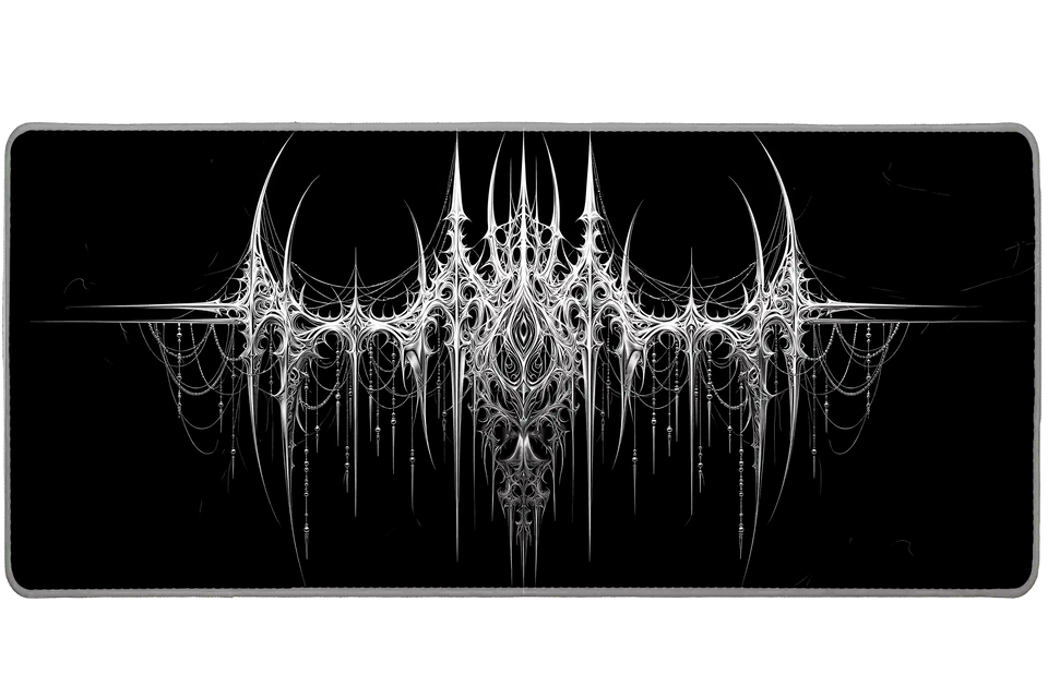 Wide black and white gothic cyber sigil desk mat displaying the complete artwork across a desktop