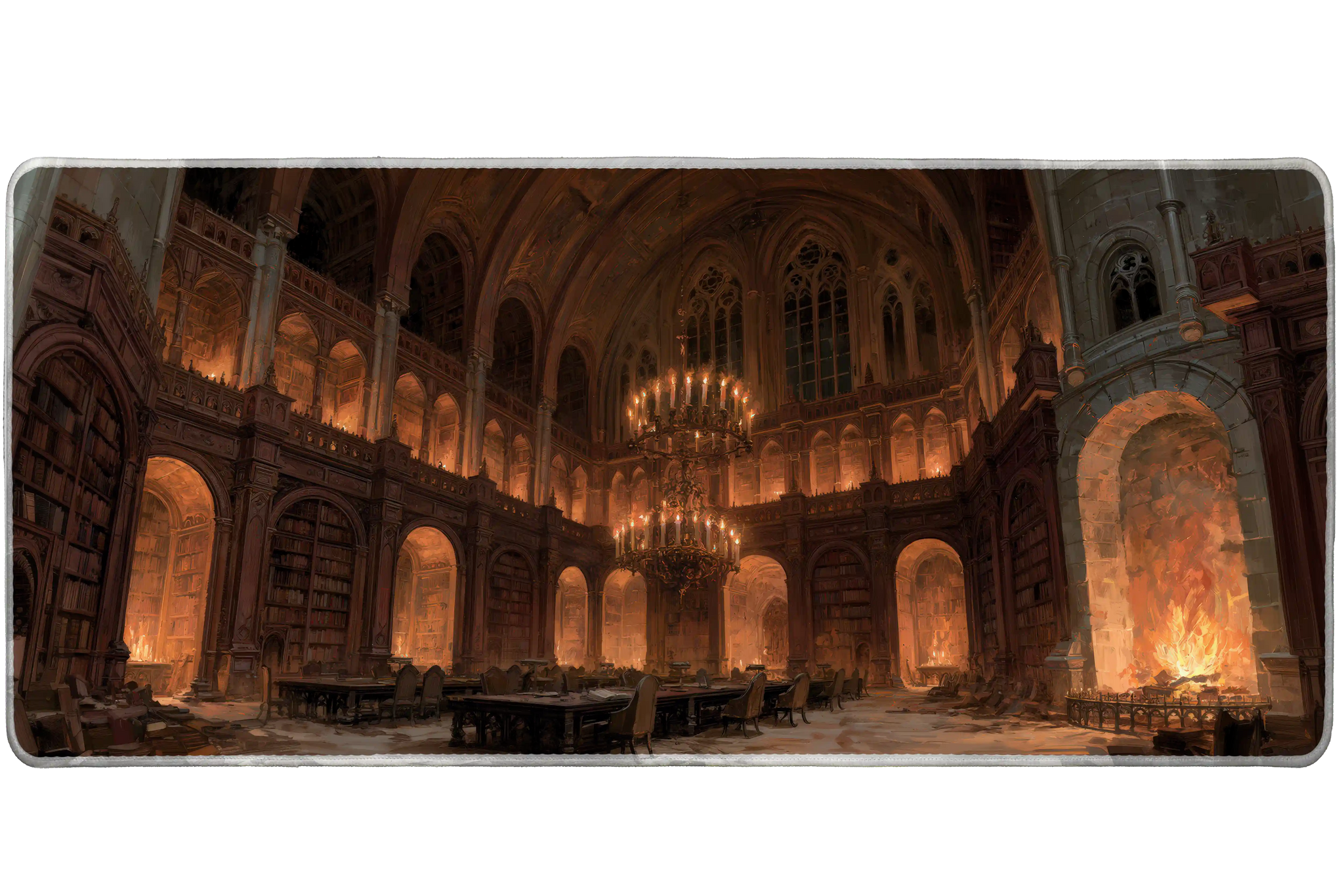 Gothic Great Hall Desk Mat | Firelight Chandeliers artwork on an extended desk mat with gothic great hall design