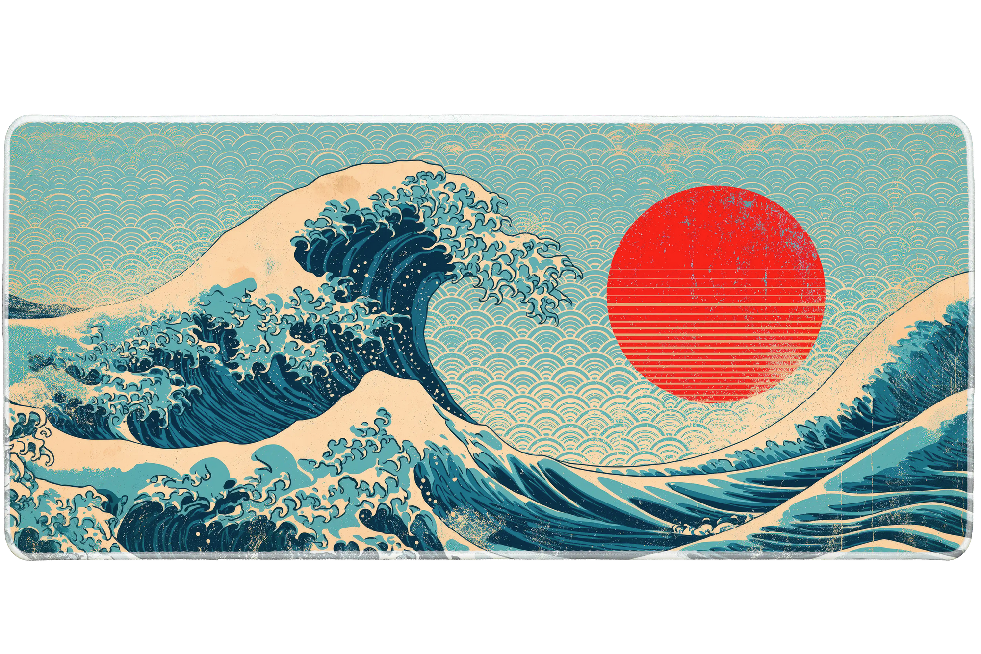 Japanese Great Wave Sunset desk mat artwork in a wide product view