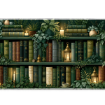 Sage Botanical Bookshelf Desk Mat | Vintage Books artwork on an extended desk mat with sage botanical bookshelf design