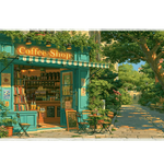 Green Coffee Shop Desk Mat | Cozy Cafe Mouse Pad artwork on an extended desk mat with sunlit green coffee shop storefront artwork