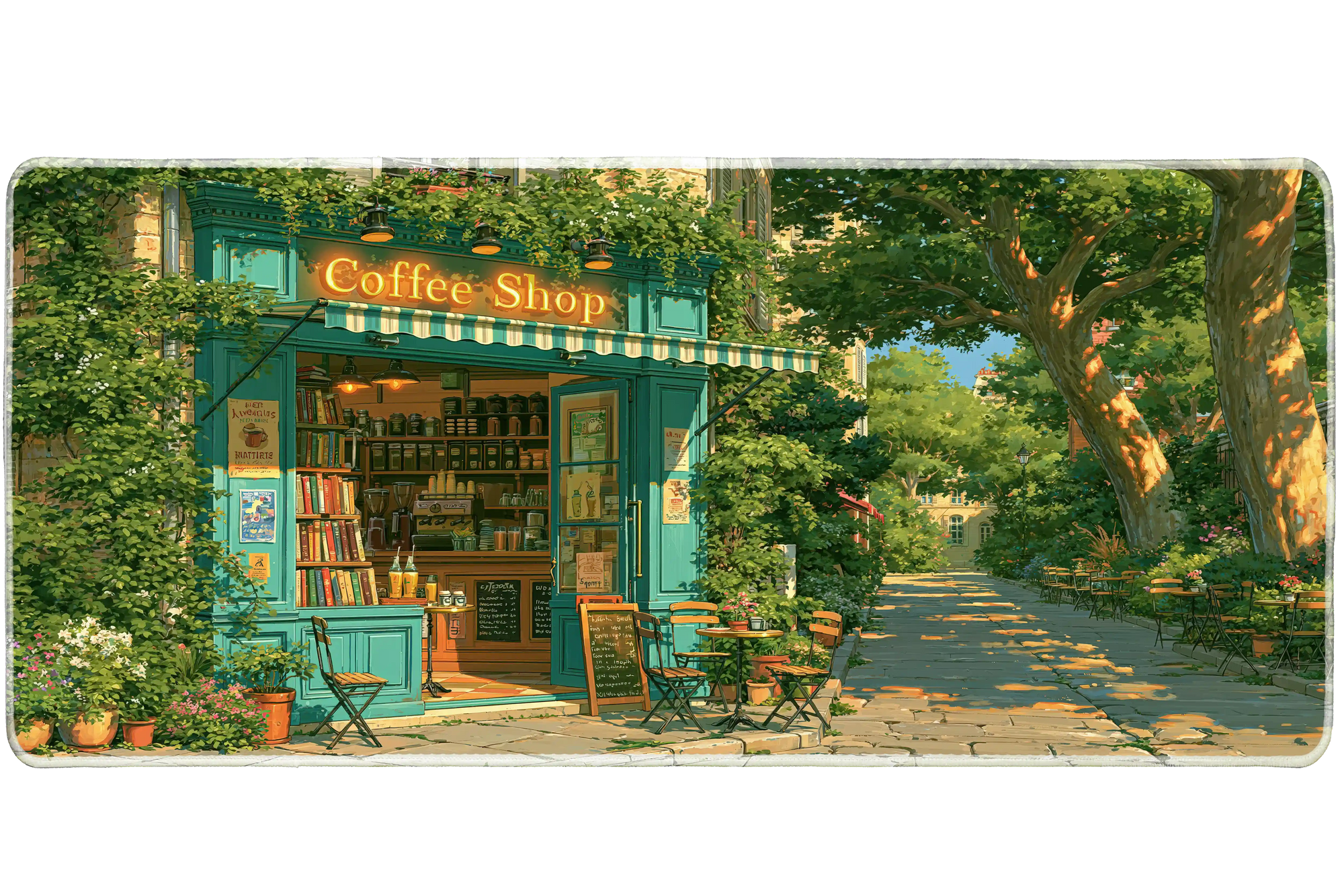 Green Coffee Shop Desk Mat | Cozy Cafe Mouse Pad artwork on an extended desk mat with sunlit green coffee shop storefront artwork