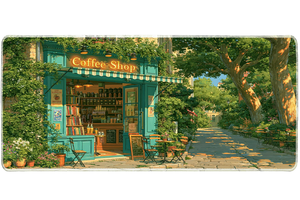 Green Coffee Shop Desk Mat | Cozy Cafe Mouse Pad artwork on an extended desk mat with sunlit green coffee shop storefront artwork