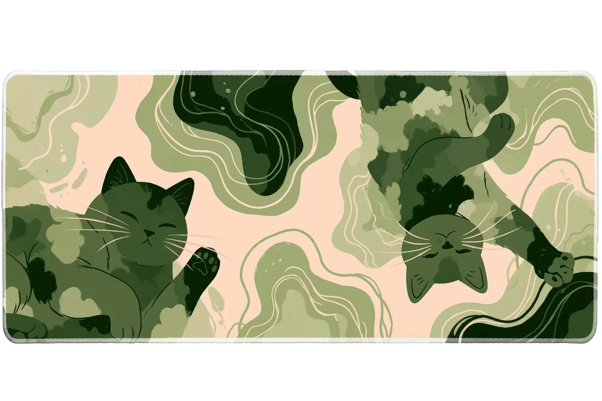 Green Abstract Cat Desk Mat | Modern Feline Mouse Pad artwork on an extended desk mat with green abstract cat silhouettes