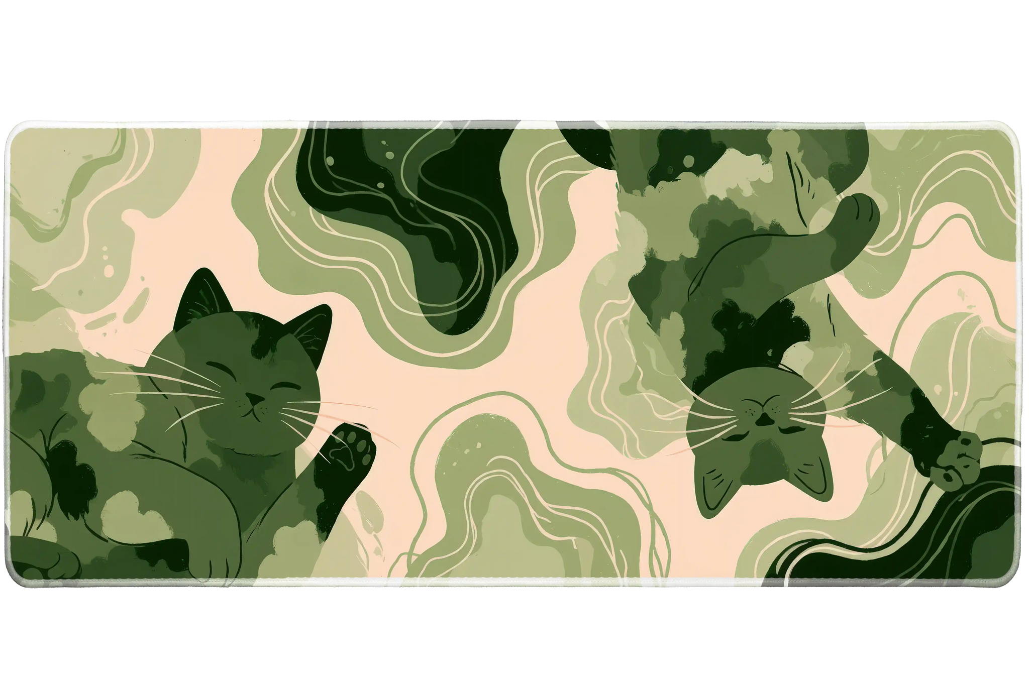 Green Abstract Cat Desk Mat | Modern Feline Mouse Pad artwork on an extended desk mat with green abstract cat silhouettes