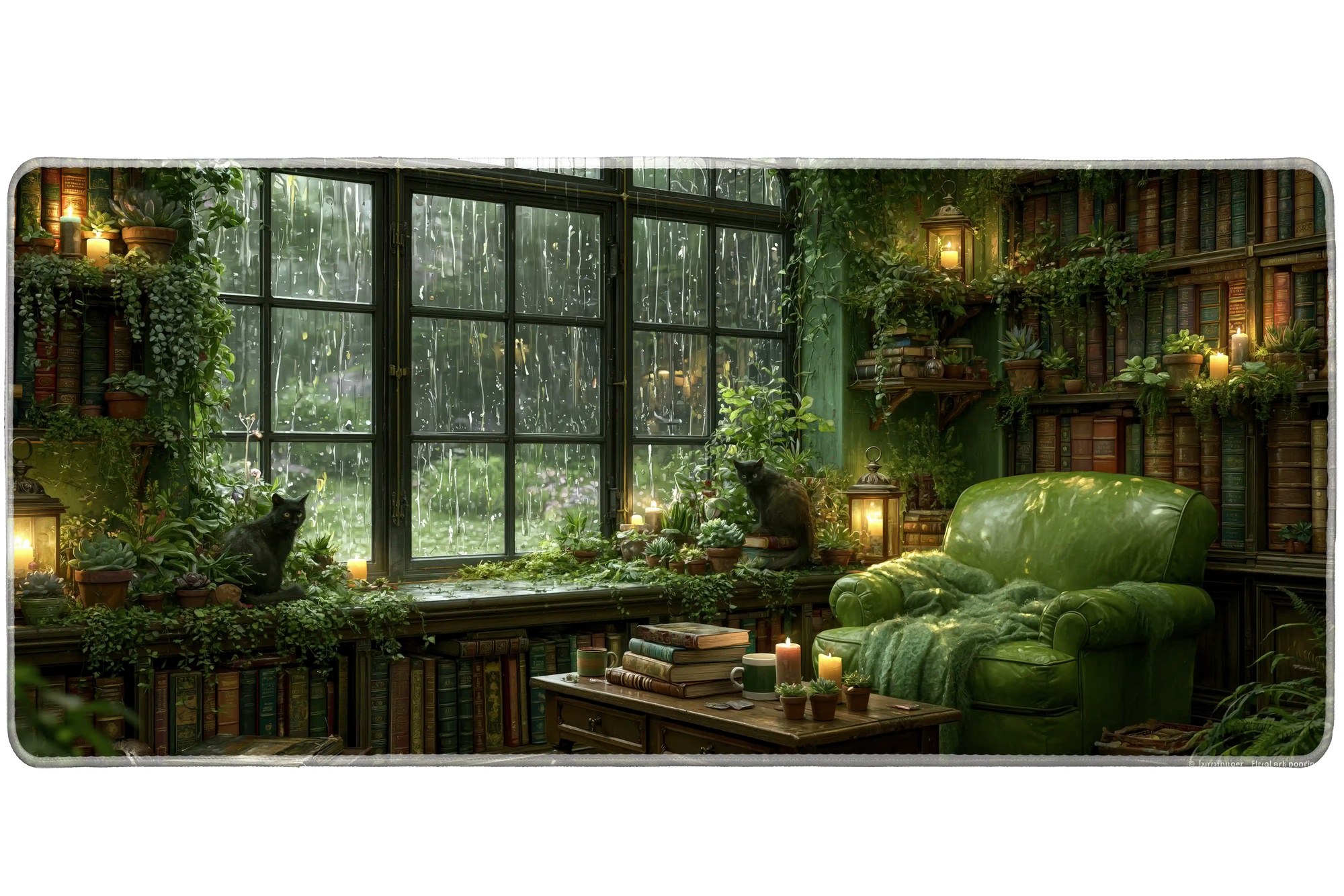 Green Library Desk Mat | Black Cat Reading Nook artwork on an extended desk mat with green library design