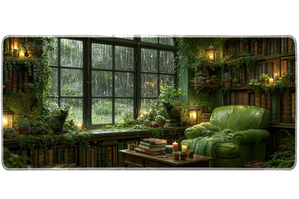 Green Library Desk Mat | Black Cat Reading Nook artwork on an extended desk mat with green library design